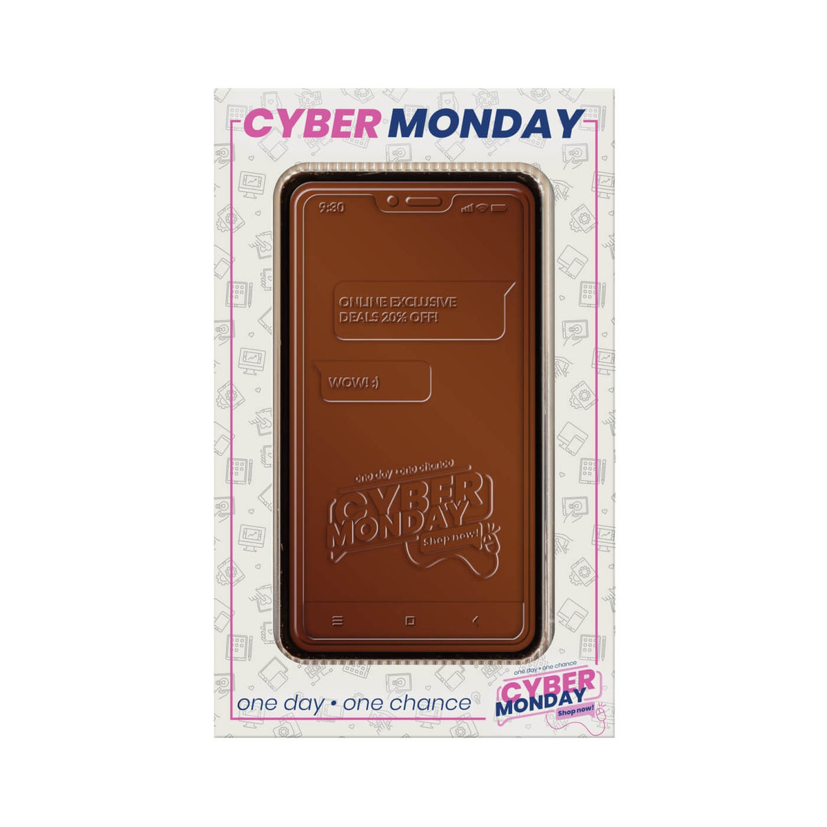 Chocolade smartphone in een doos met het ontwerp Cyber Monday