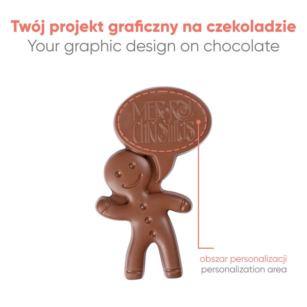 Chocolade peperkoekmannetje zonder doos, met het gebied voor je eigen ontwerp aangegeven