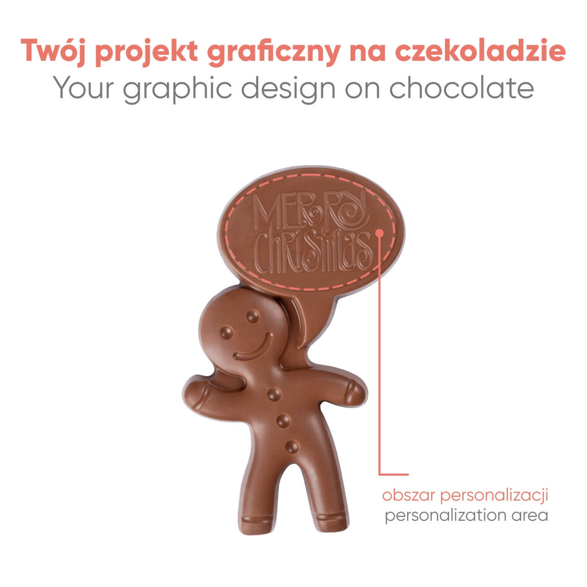 Chocolade peperkoekmannetje zonder doos, met het gebied voor je eigen ontwerp aangegeven