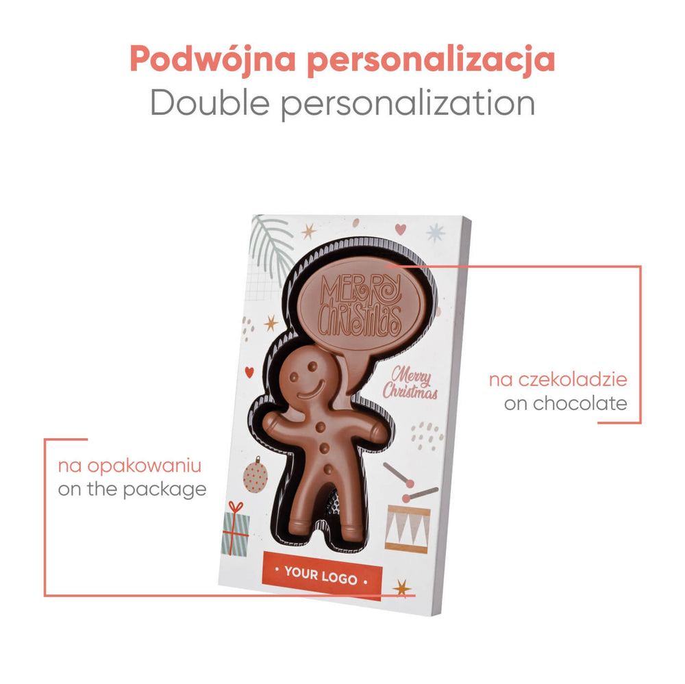 Voorbeeld van personalisatie op zowel de chocolade als de doos van het peperkoekmannetje