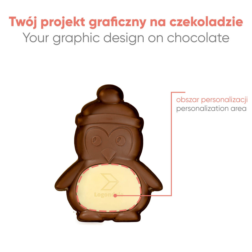Chocolade pinguïn zonder doos, met het gebied voor je eigen ontwerp aangegeven