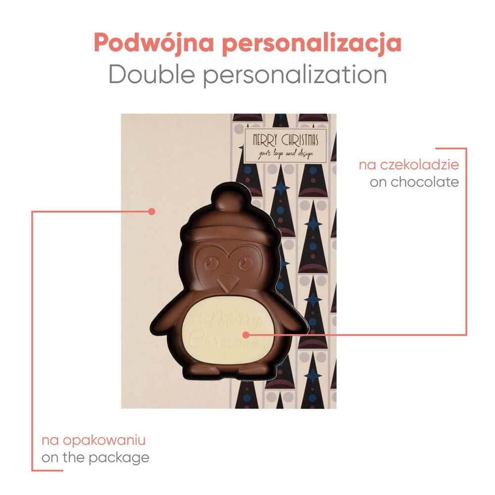 Voorbeeld van personalisatie op zowel de chocolade als de doos van de pinguïn