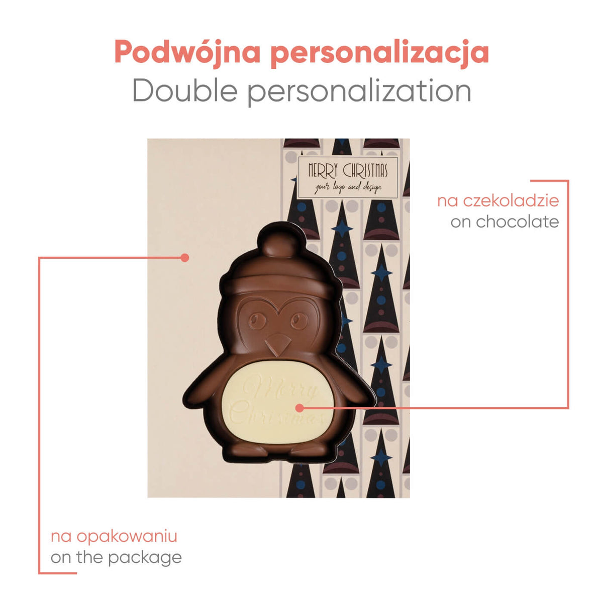 Voorbeeld van personalisatie op zowel de chocolade als de doos van de pinguïn