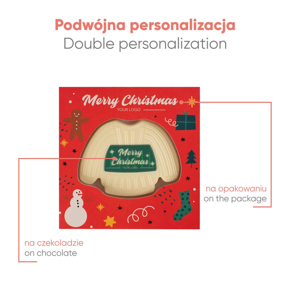 Voorbeeld van personalisatie op zowel de chocolade als de doos van de kersttrui