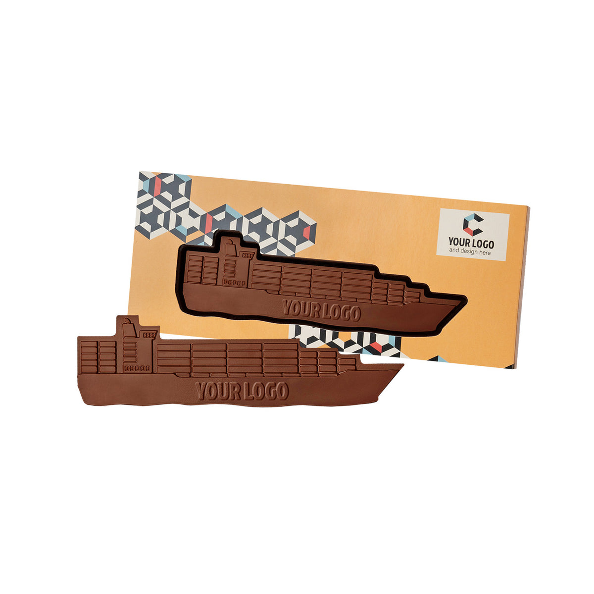 Chocolade vrachtschip met containers op een lange oranje doos met eigen ontwerp