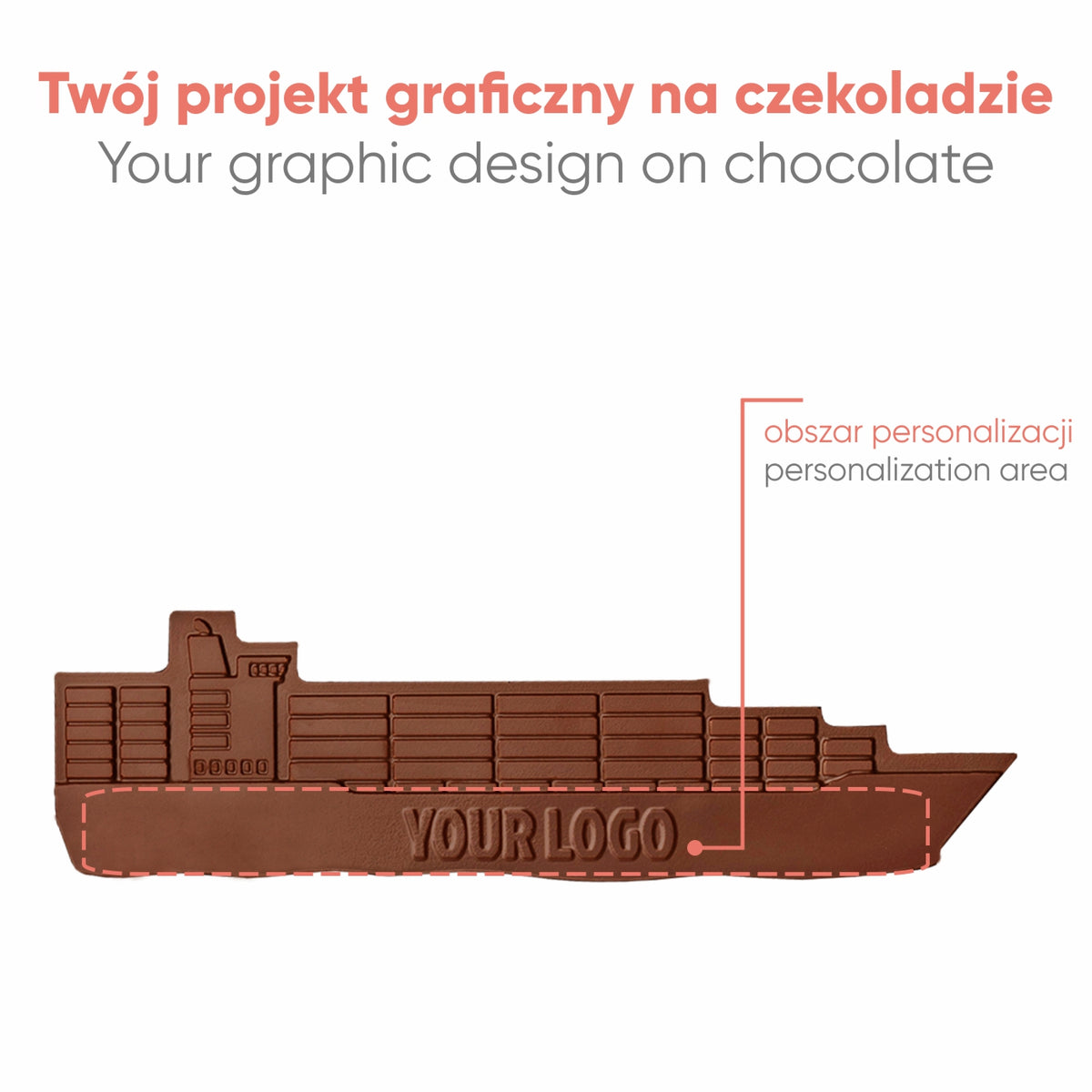 Chocolade vrachtschip zonder doos, met het gebied voor je eigen ontwerp aangegeven