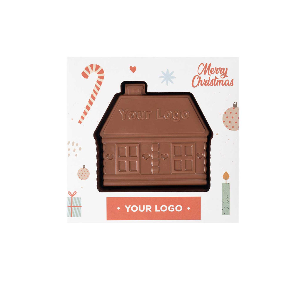 Chocolade peperkoekhuisje in een lichte kerstdoos met zuurstok en voorbeeldlogo