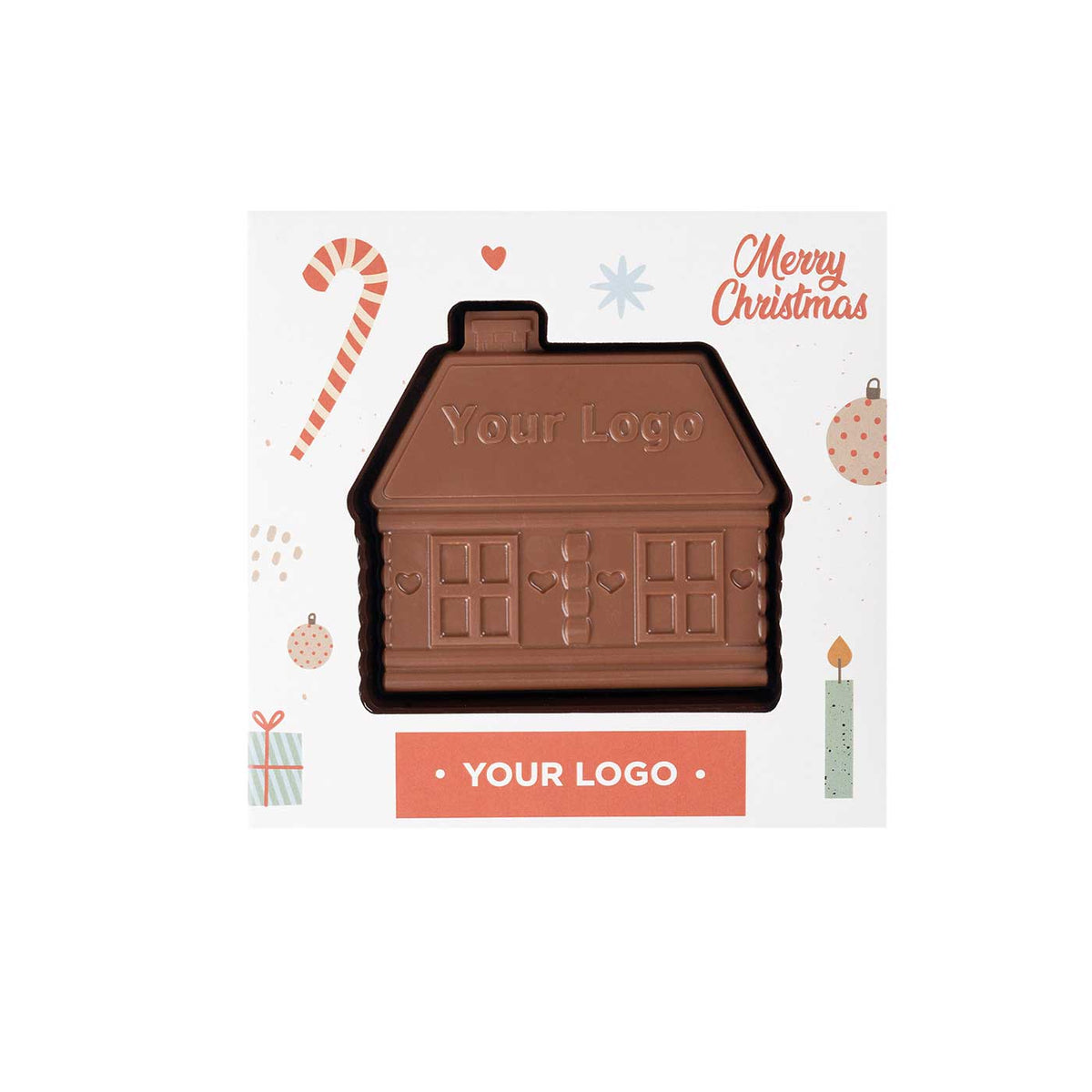 Chocolade peperkoekhuisje in een lichte kerstdoos met zuurstok en voorbeeldlogo
