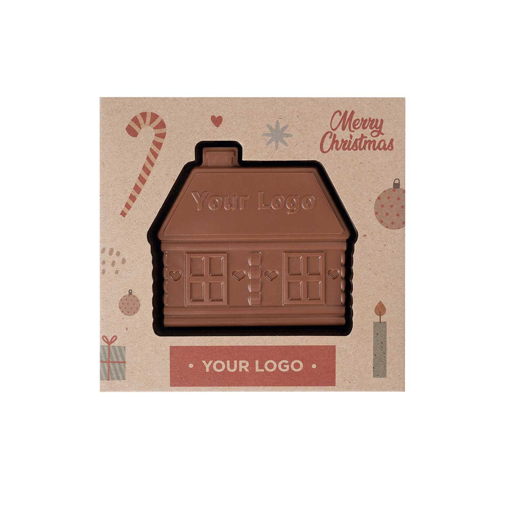 Chocolade peperkoekhuisje in een kerstdoos met voorbeeldlogo, vooraanzicht