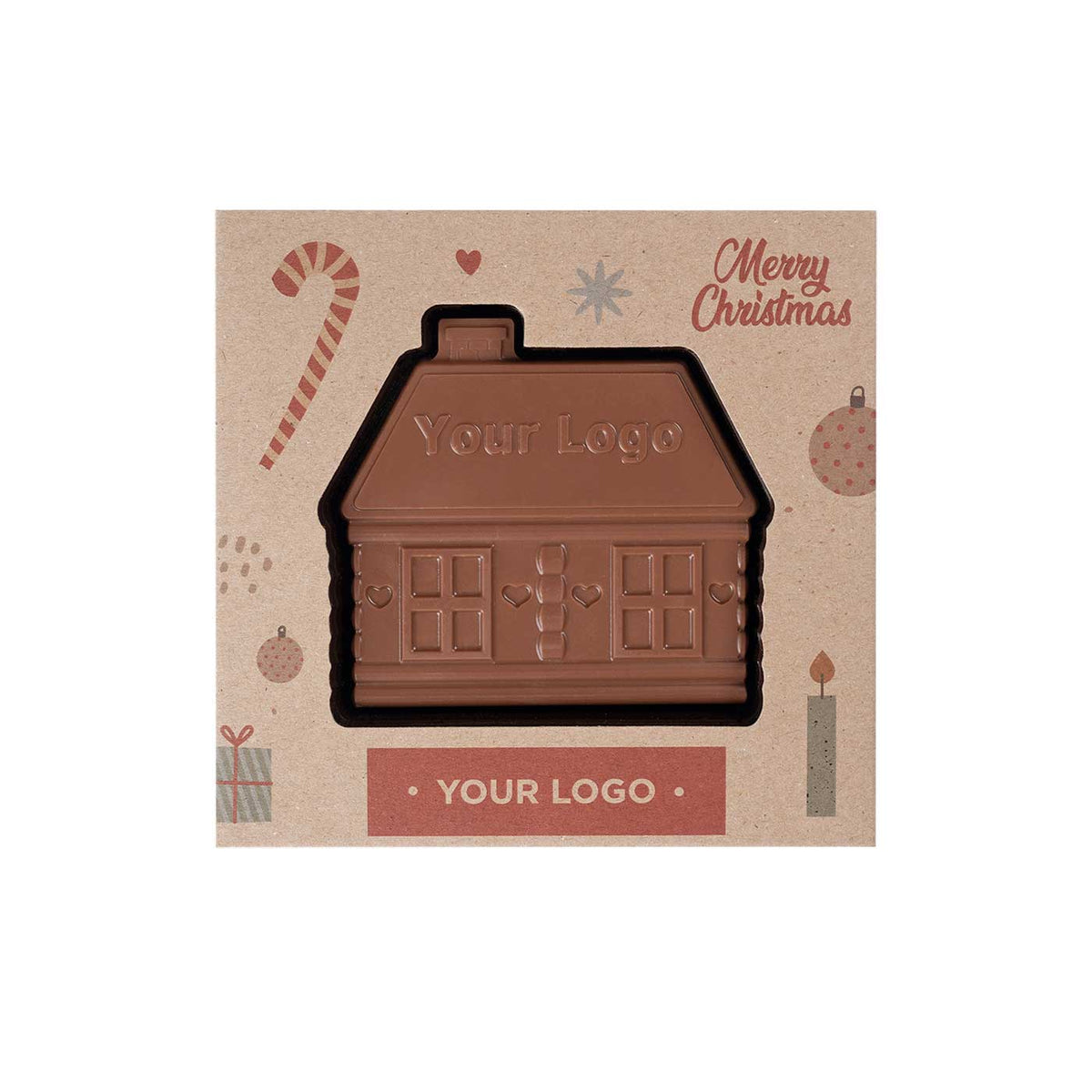 Chocolade peperkoekhuisje in een kerstdoos met voorbeeldlogo, vooraanzicht