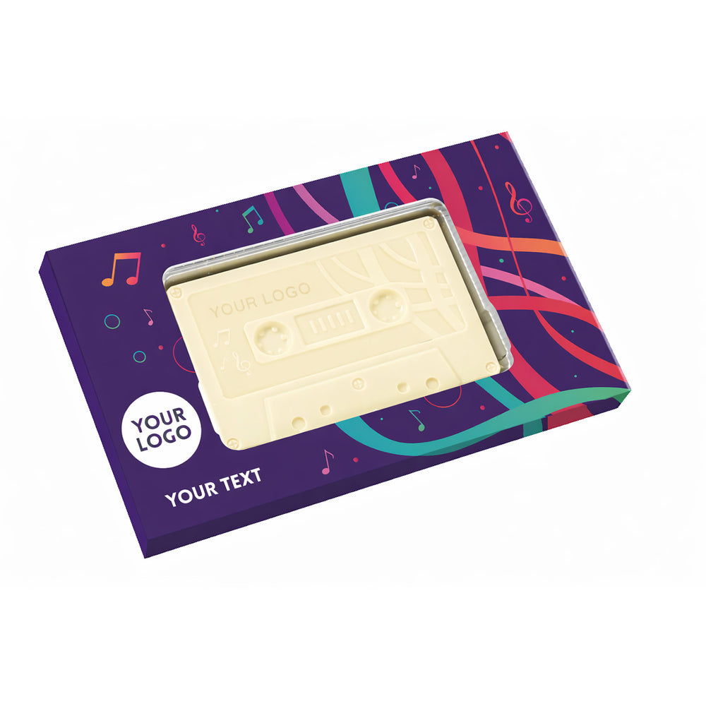 Chocolade cassettebandje van witte chocolade in een paarse doos met ruimte voor logo en tekst