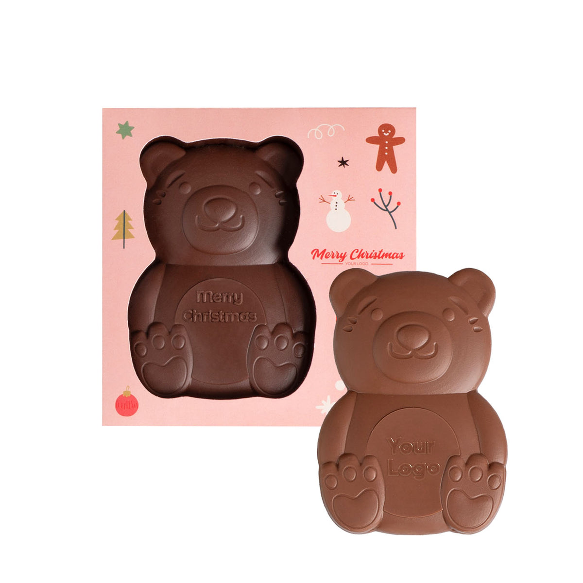 Chocolade beer met logo in een roze doos met eigen ontwerp, met een losse beer ernaast