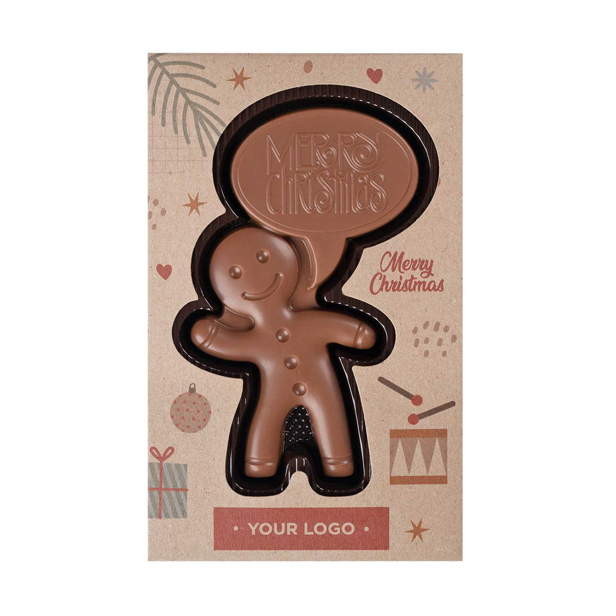 Chocolade peperkoekmannetje in een kerstdoos, vooraanzicht
