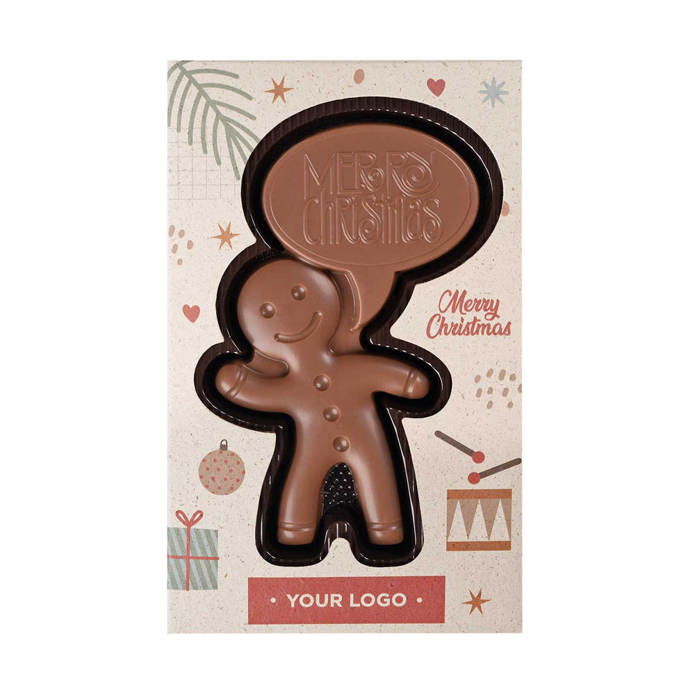 Chocolade peperkoekmannetje in een kerstdoos met Merry Christmas en voorbeeldlogo