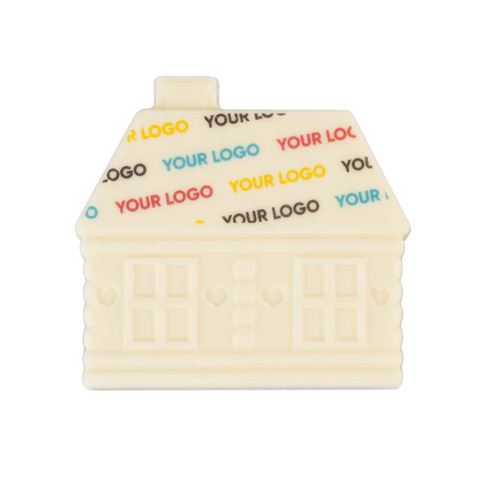 Los huisje van witte chocolade met geprinte voorbeeldlogo's