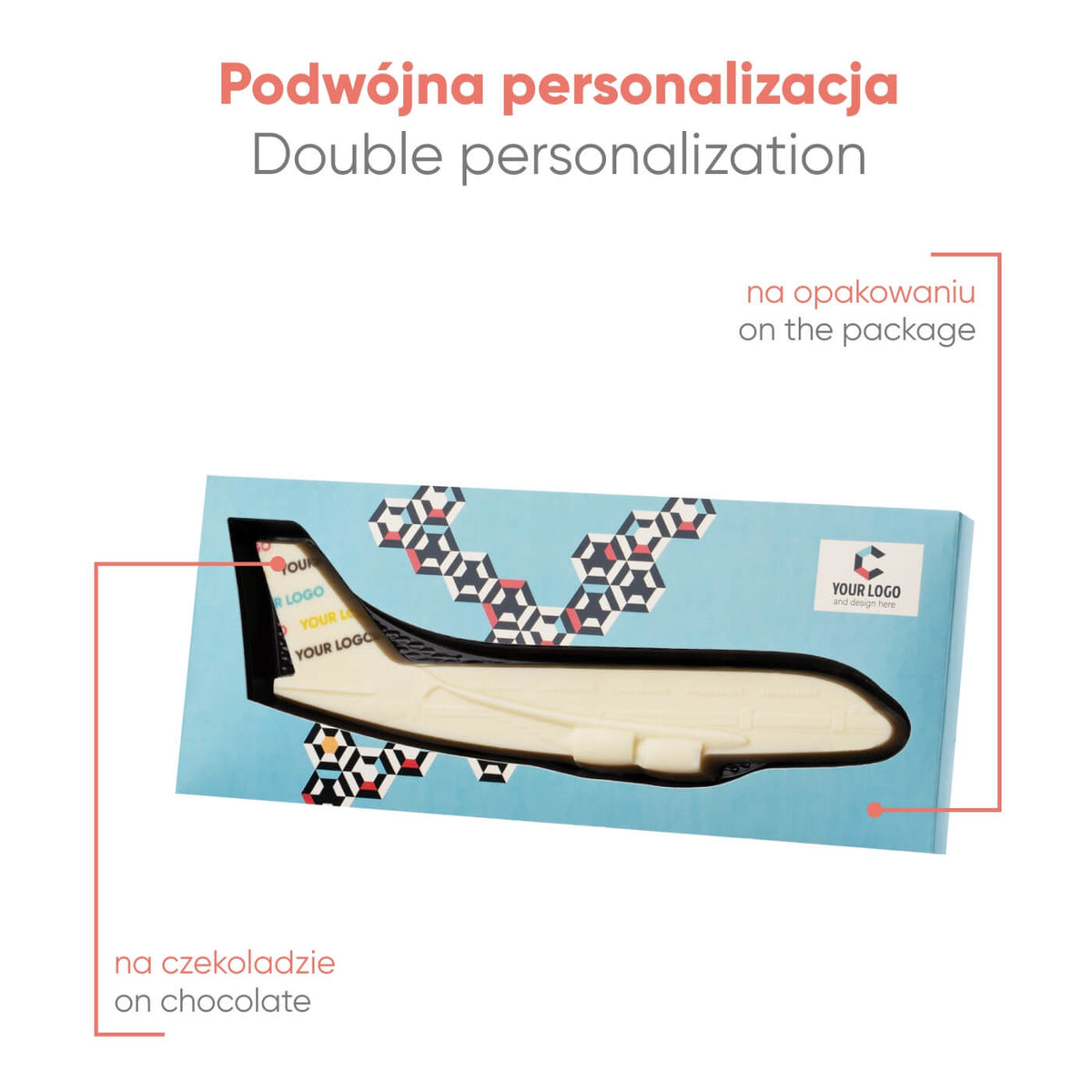 Voorbeeld van personalisatie op zowel de chocolade als de doos van het vliegtuig