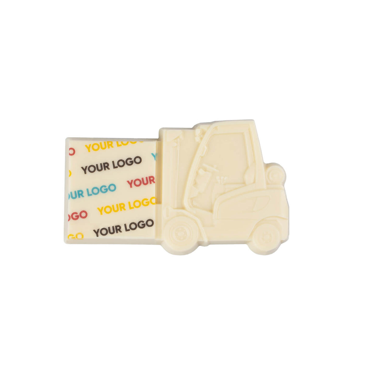 Losse heftruck van witte chocolade met geprinte voorbeeldlogo's