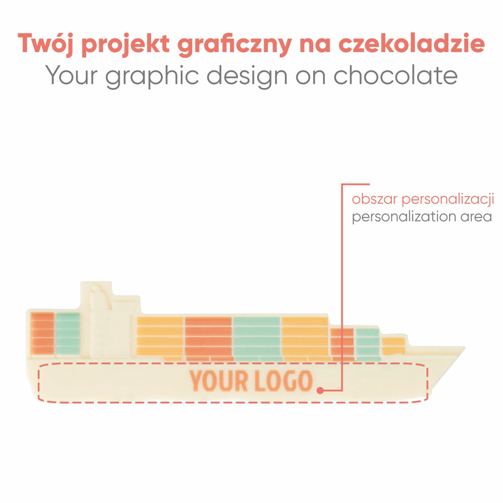 Voorbeeld van personalisatie op zowel de chocolade als de doos van het vrachtschip