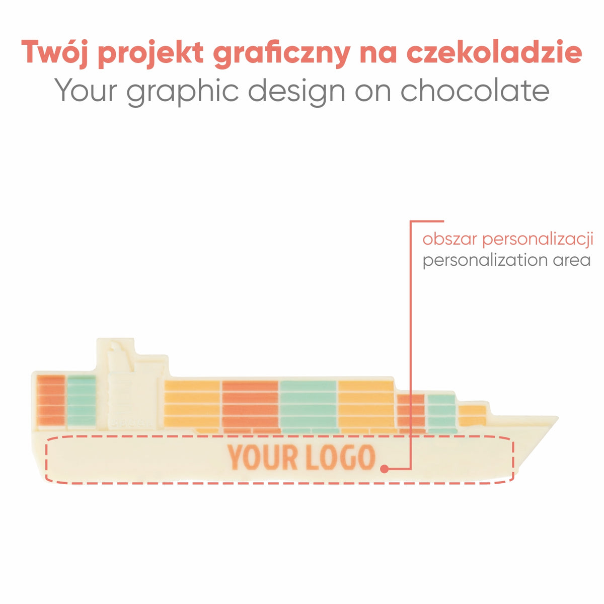 Voorbeeld van personalisatie op zowel de chocolade als de doos van het vrachtschip