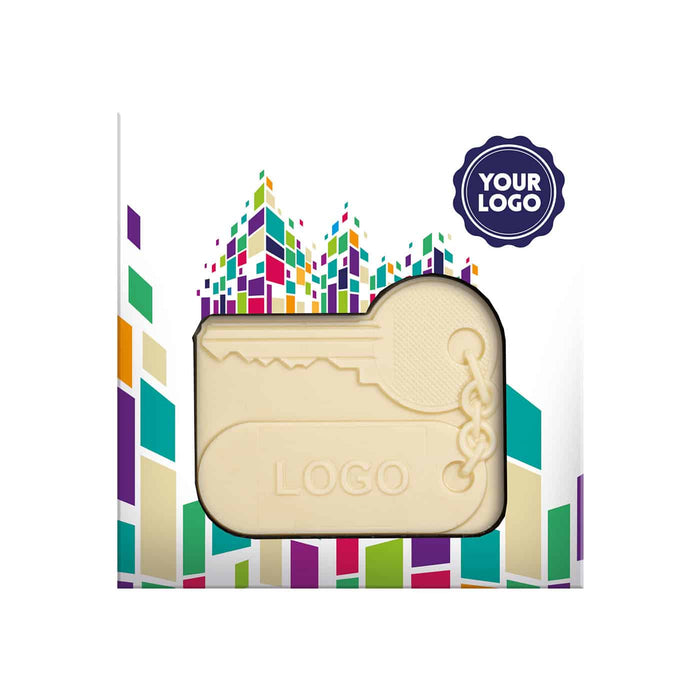 Chocolade huissleutel met logo in eigen verpakking (65 g)