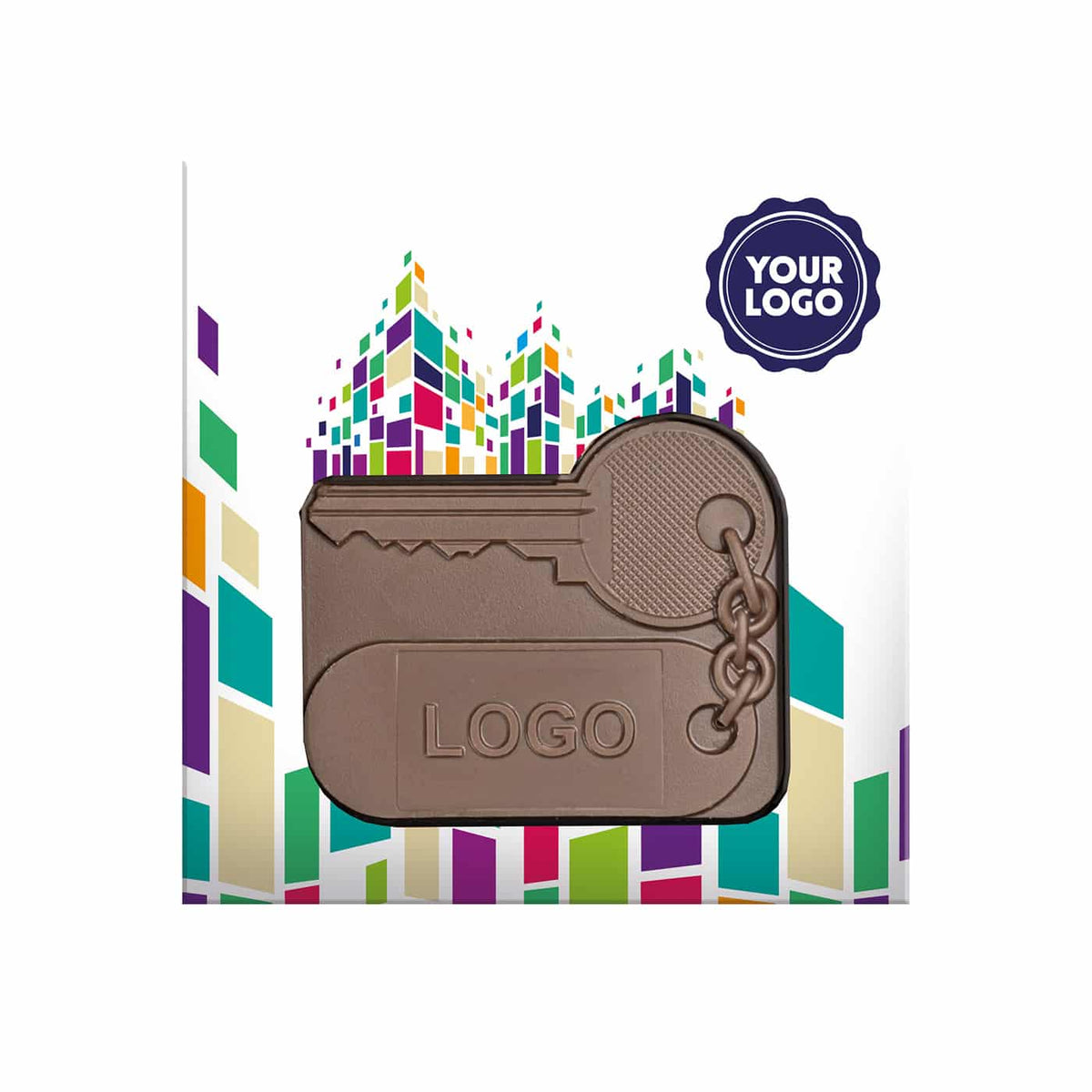 Chocolade huissleutel van melkchocolade in een doos met kleurrijk ontwerp en ruimte voor logo