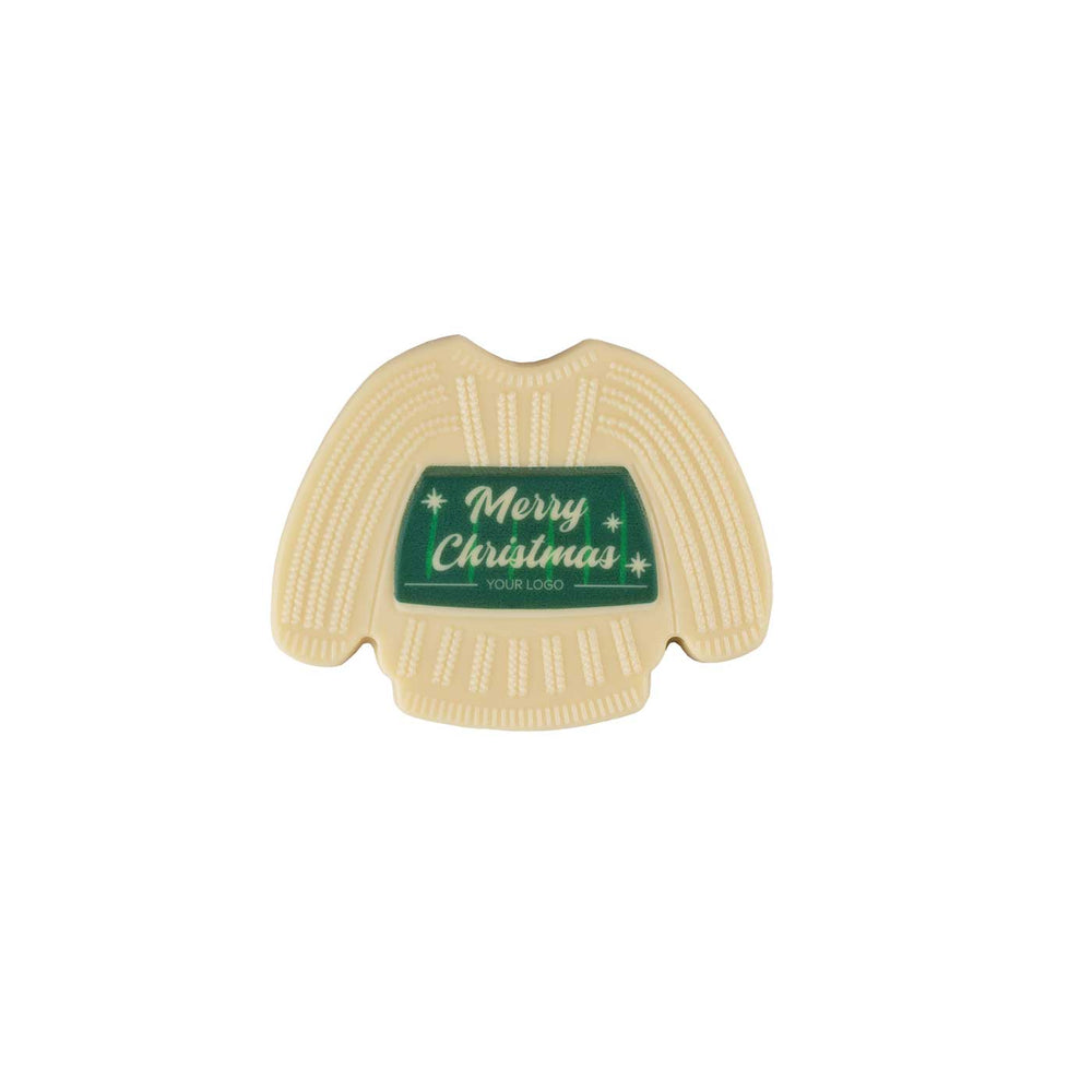 Losse kersttrui van witte chocolade met de geprinte tekst Merry Christmas