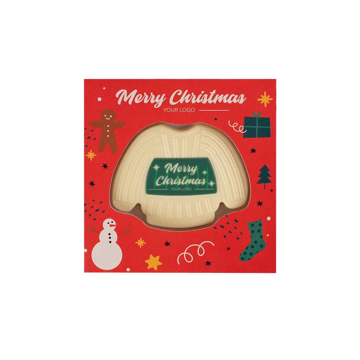 Kersttrui van witte chocolade met groene print in een rode kerstdoos