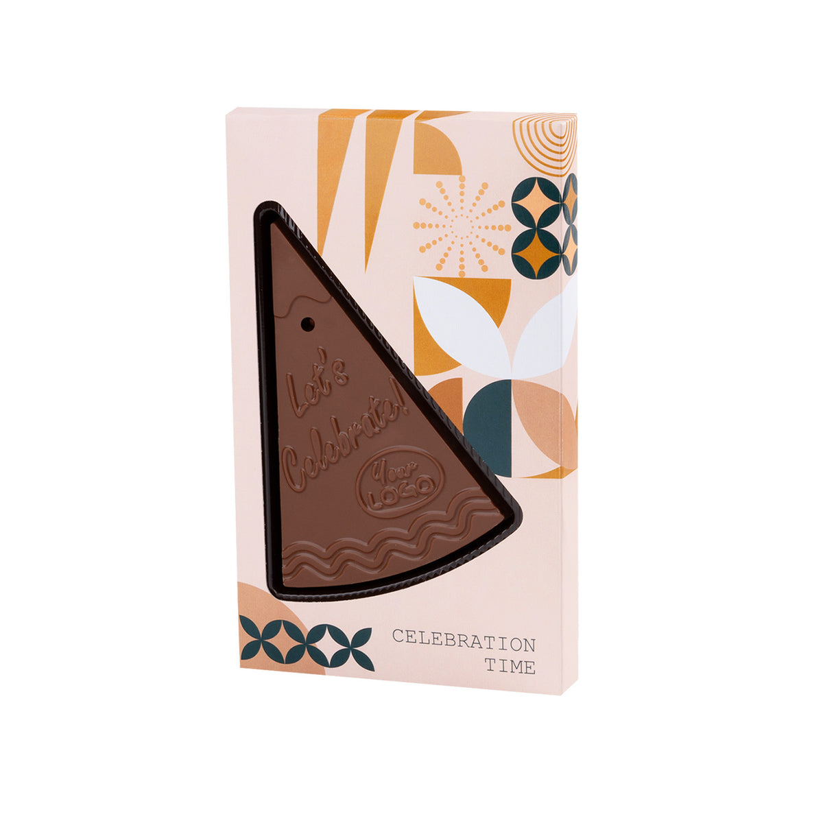 Chocolade taartpunt in een lichte doos met grafisch ontwerp