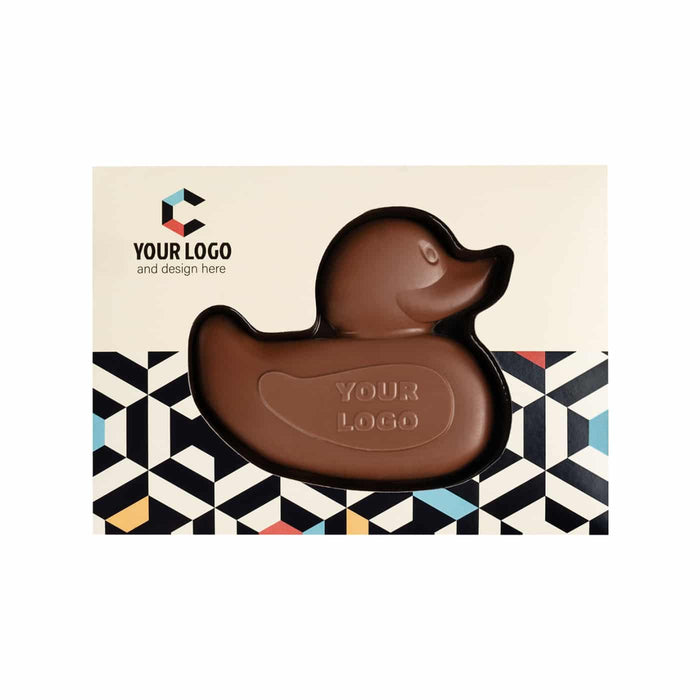 Chocolade eend met logo in eigen verpakking (65 g)