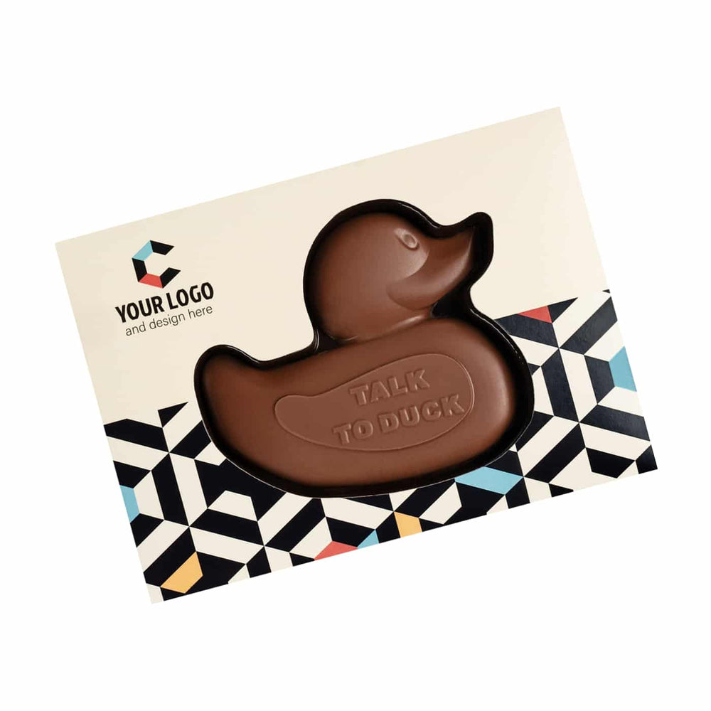 Chocolade eend in een doos met eigen ontwerp, schuin aanzicht