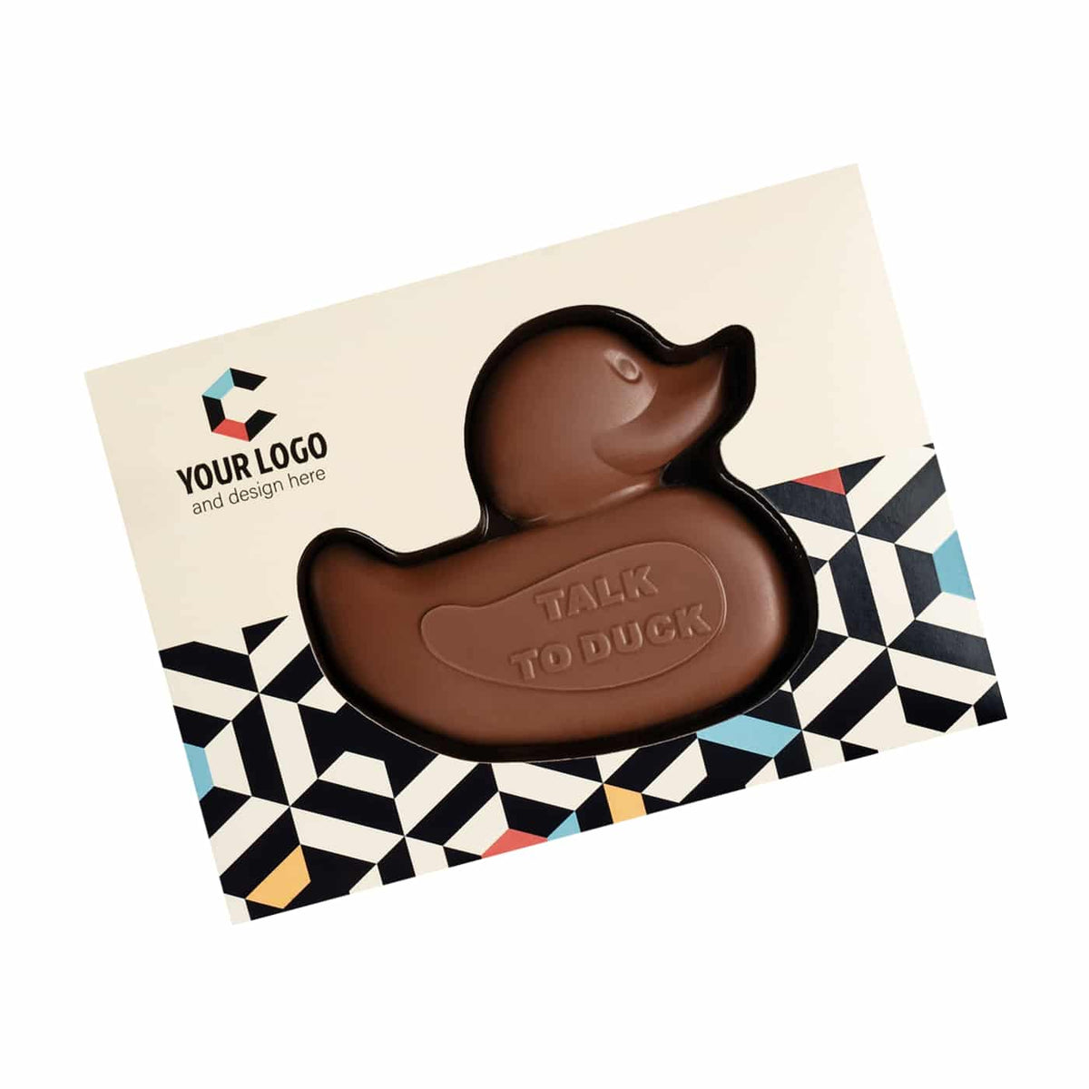Chocolade eend in een doos met eigen ontwerp, schuin aanzicht