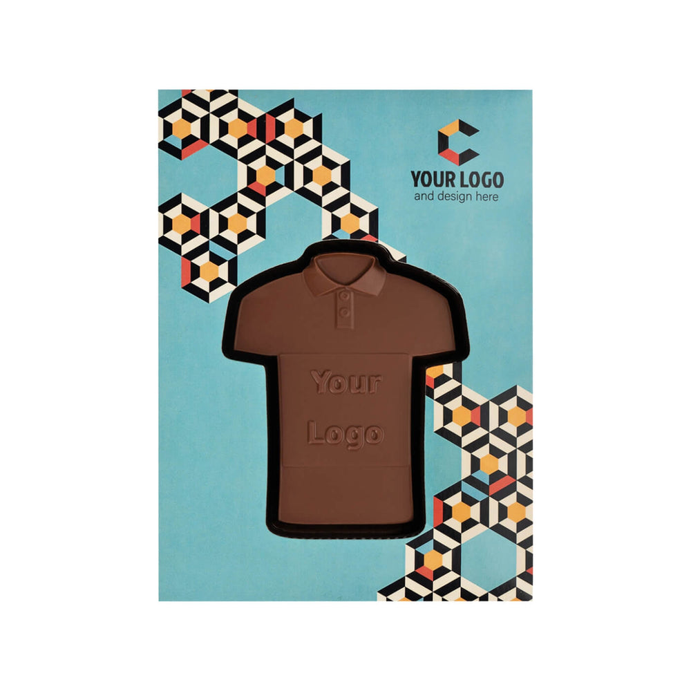 Chocolade poloshirt in een doos met grafisch patroon en voorbeeldlogo