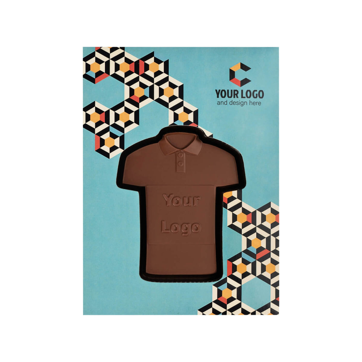 Chocolade poloshirt in een doos met grafisch patroon en voorbeeldlogo