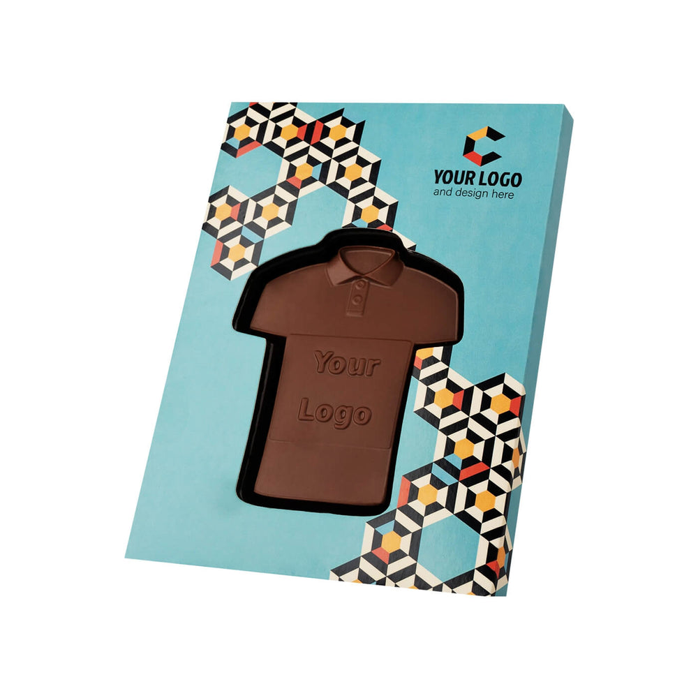 Chocolade poloshirt in een turquoise doos, schuin aanzicht