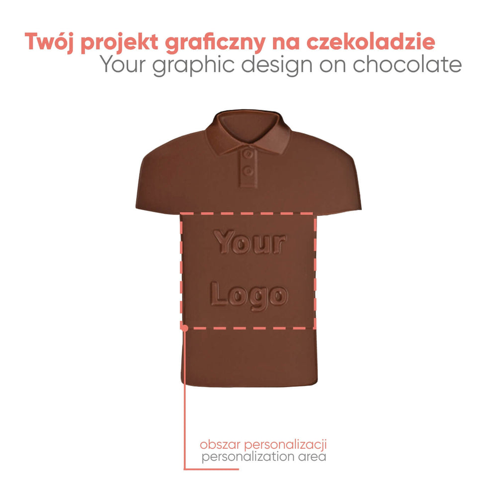 Chocolade poloshirt zonder doos, met het gebied voor je eigen ontwerp aangegeven