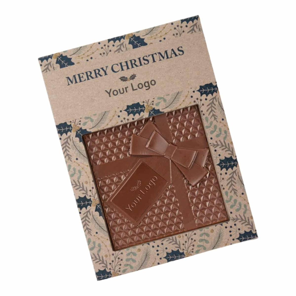 Chocolade cadeautje in een doos met kerstontwerp en ruimte voor logo
