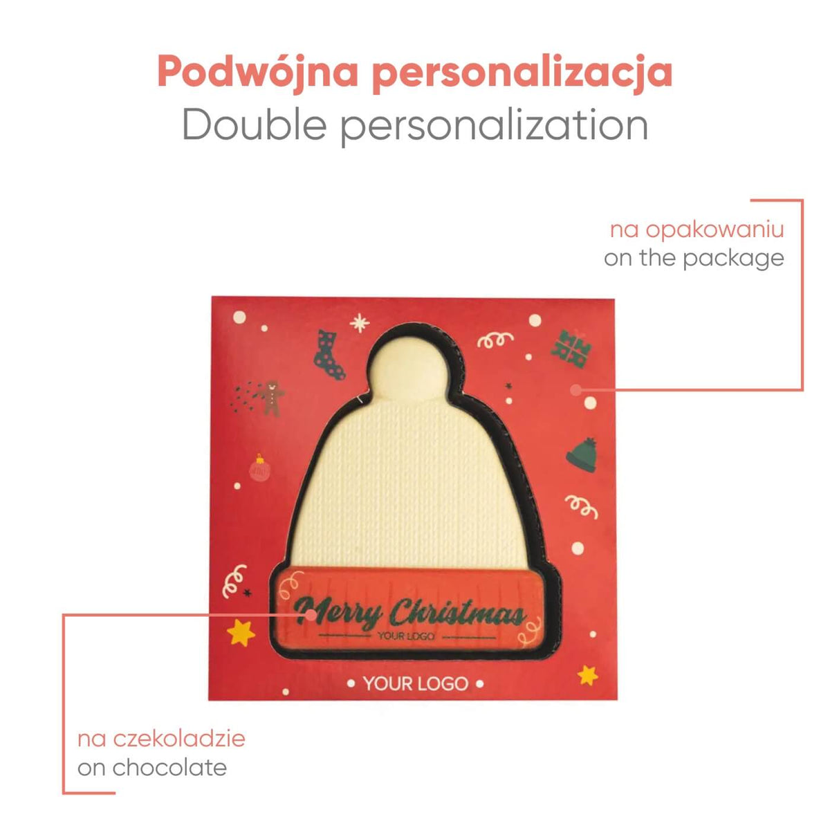 Voorbeeld van personalisatie op zowel de chocolade als de doos van de muts