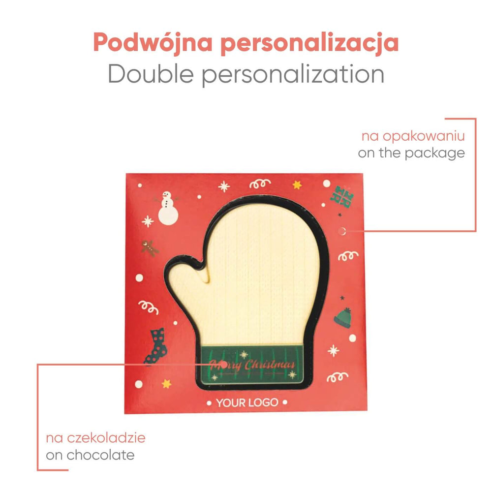 Voorbeeld van personalisatie op zowel de chocolade als de doos van de want