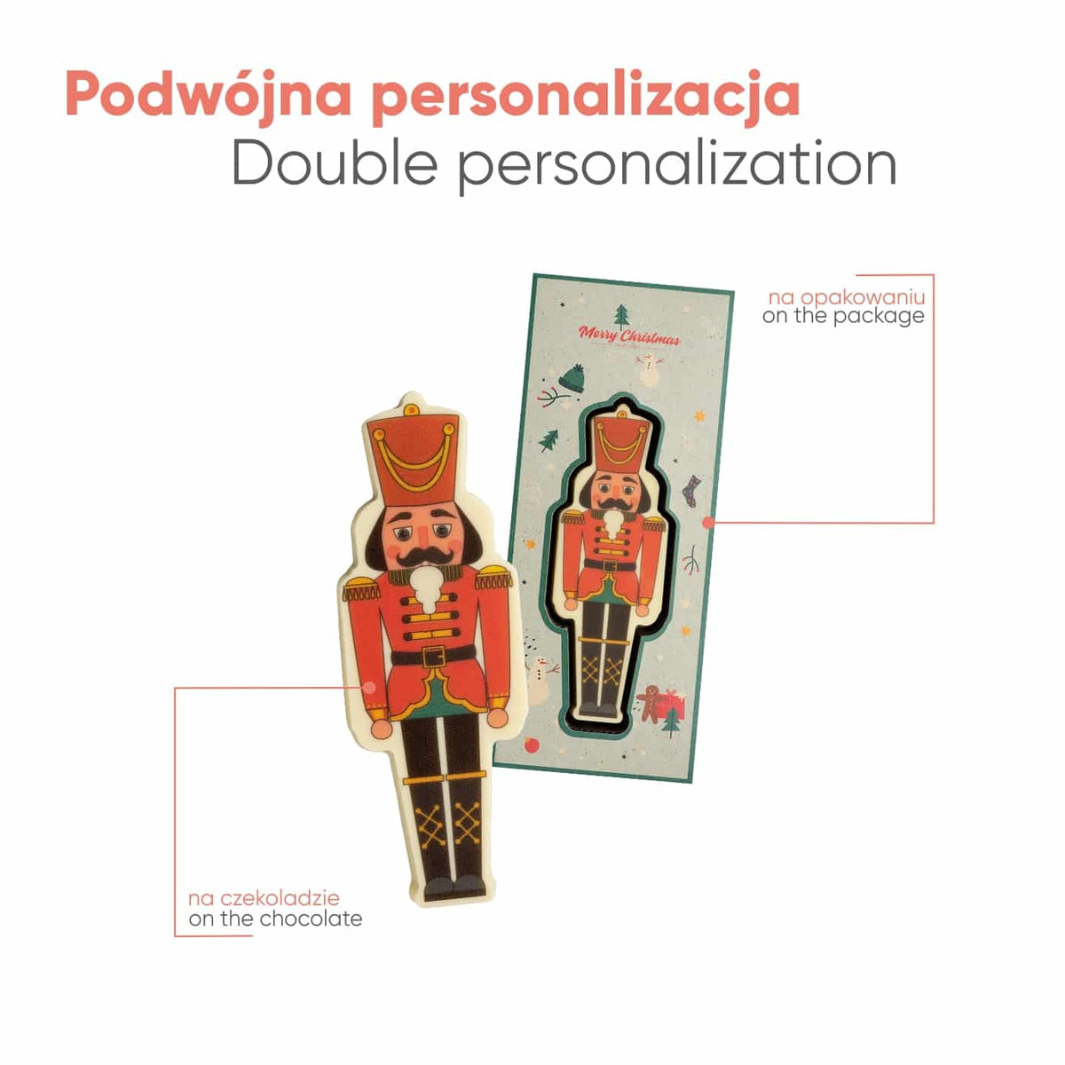 Voorbeeld van personalisatie op zowel de chocolade als de doos van de notenkraker