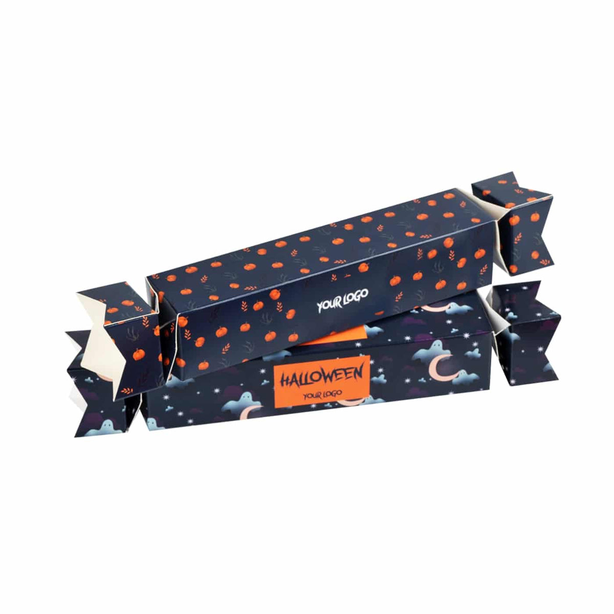 Donkerblauwe Halloween snoepdoos in de vorm van een groot snoepje, bedrukt met eigen ontwerp