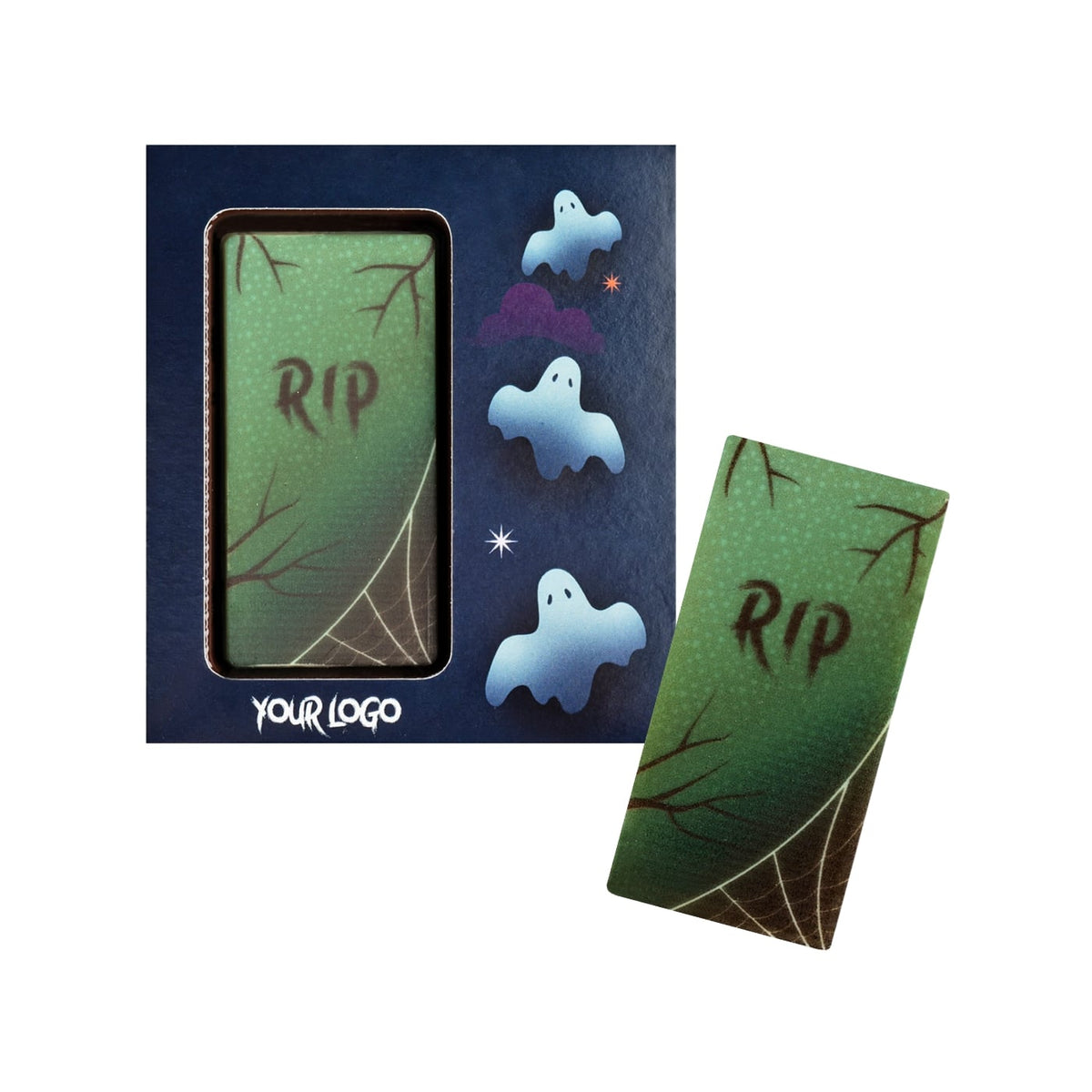 Rechthoekige witte chocolade met groene Halloween-print naast een verpakking met spookjes