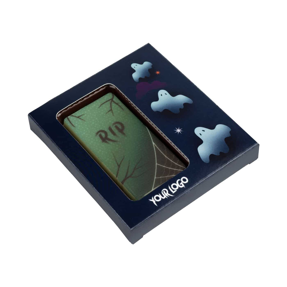 Rechthoekige bedrukte Halloween chocolade in donkerblauwe verpakking met spookjes en eigen logo