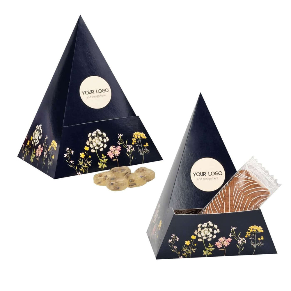 Delight Pyramid piramidevormige geschenkdoosjes in donkerblauw met bloemenprint en voorbeeldontwerp
