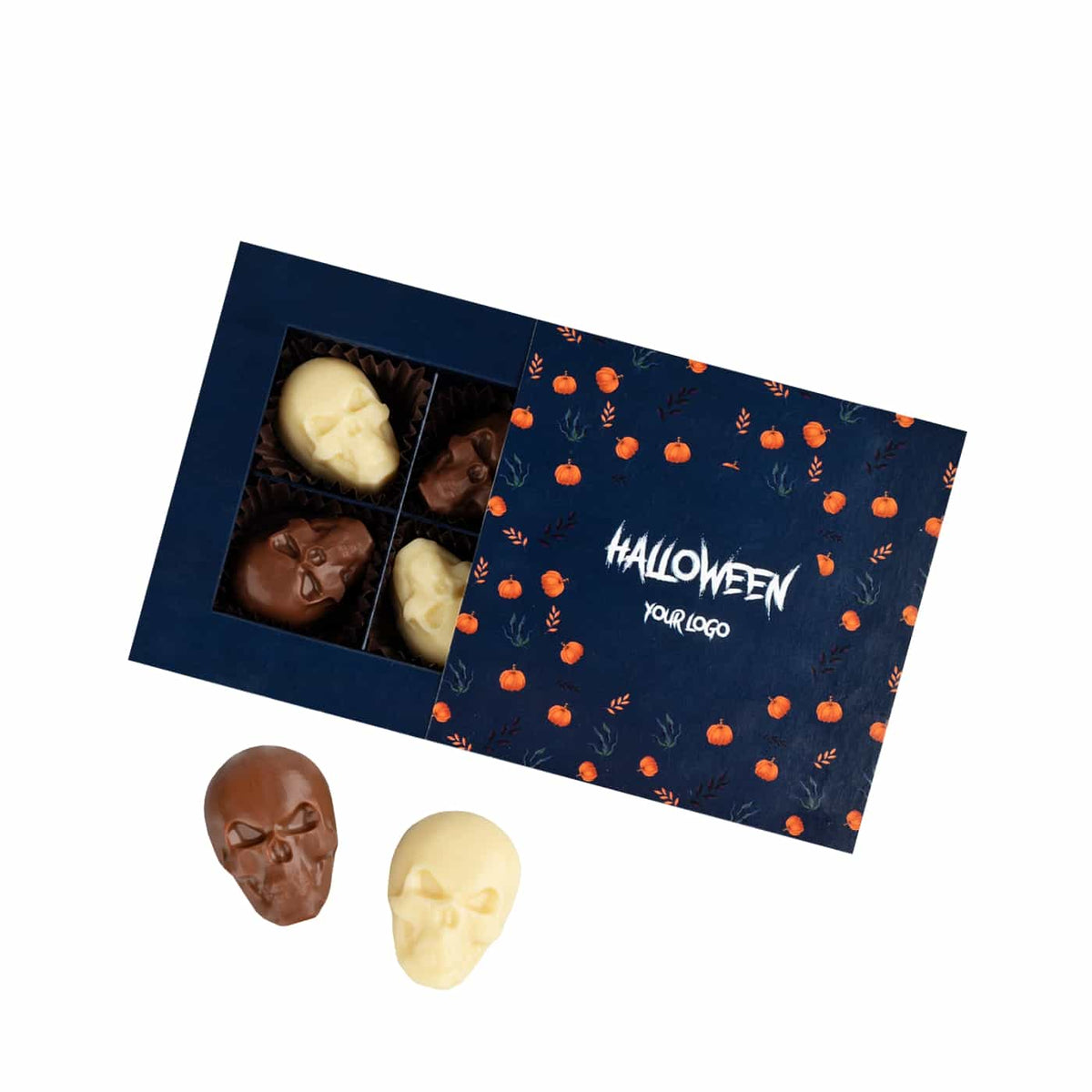 Halloween bonbons met logo: donkerblauw doosje met 4 schedelpralines en twee losse schedels ervoor