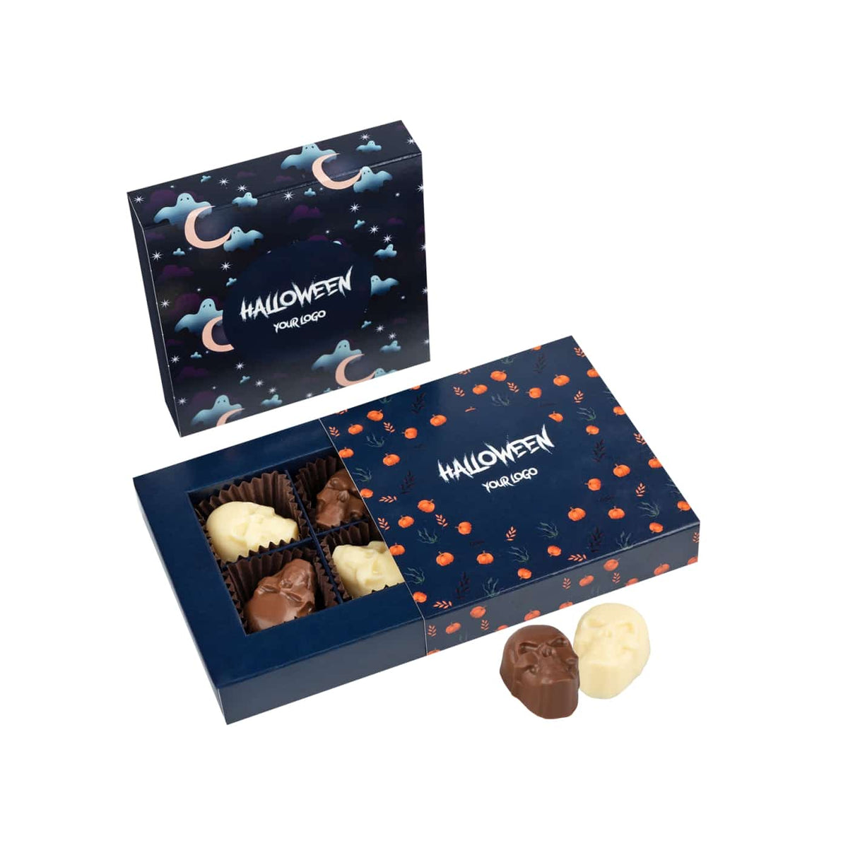 Gesloten en geopend doosje Halloween bonbons met schedelpralines van melk en witte chocolade