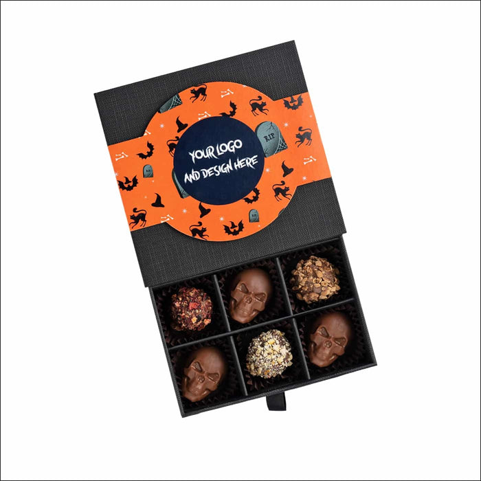 Halloween pralines in geschenkdoos met logo: 9 bonbons met schedels (90 gram)