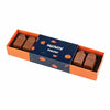 Chocolade grafstenen met logo: oranje vensterdoos met pralines en donkerblauwe Halloween-banderol