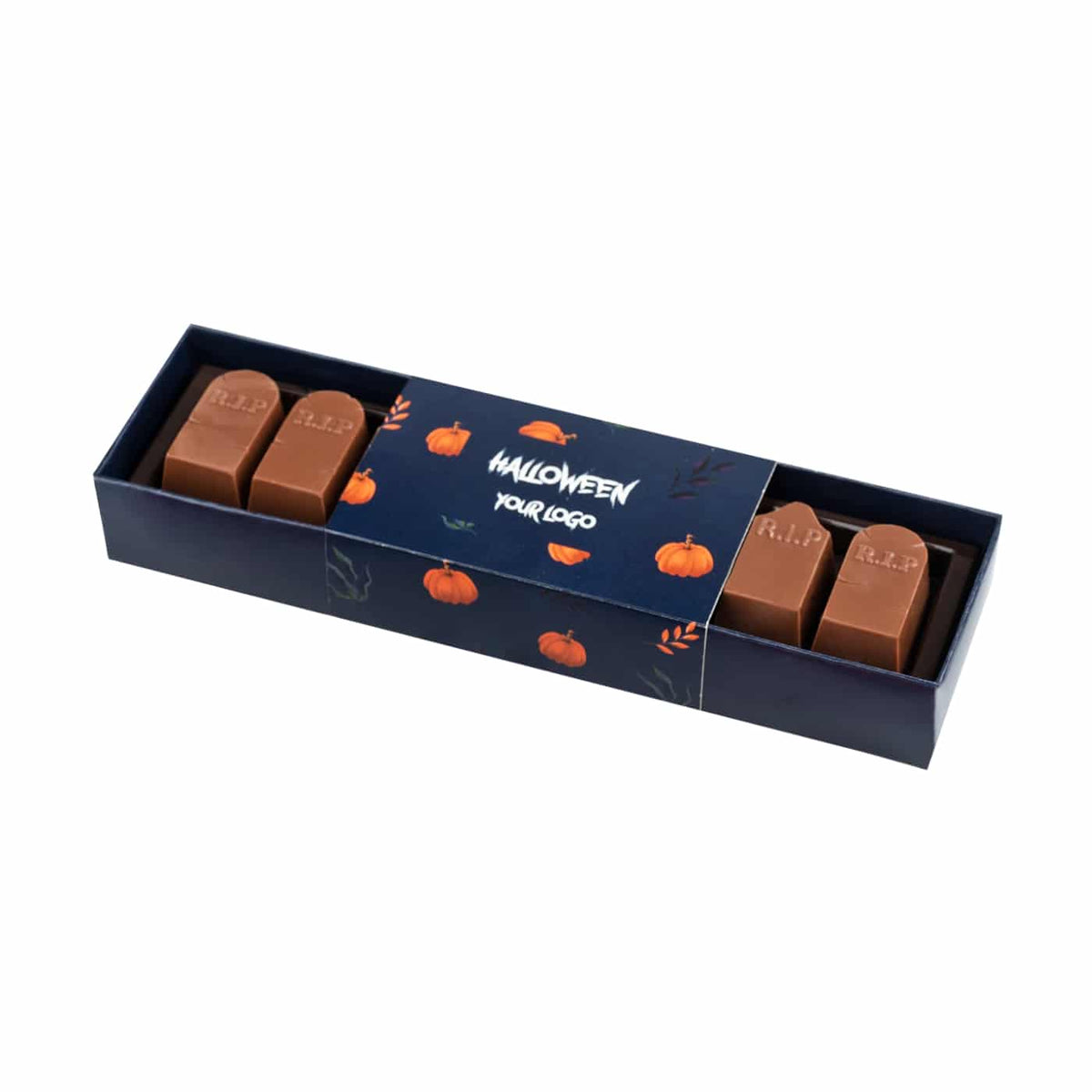 Donkerblauwe vensterdoos met chocolade grafstenen en bedrukte banderol met eigen logo