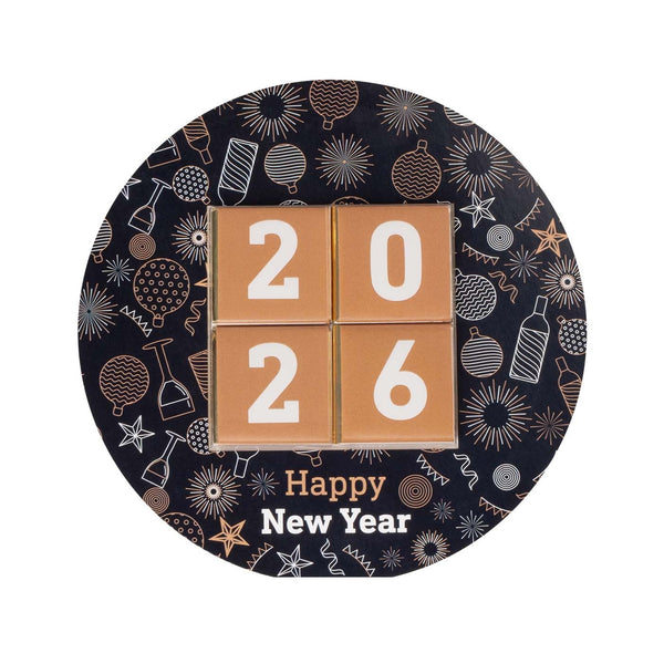 Vierkante chocolaatjes in ronde nieuwjaarsverpakking