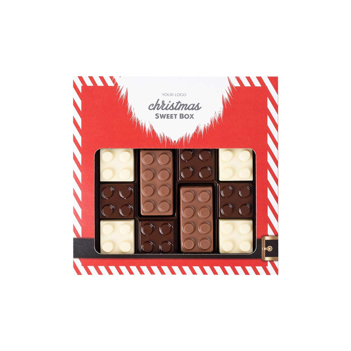 Chocolade bouwstenen in kerstverpakking met eigen bedrukking